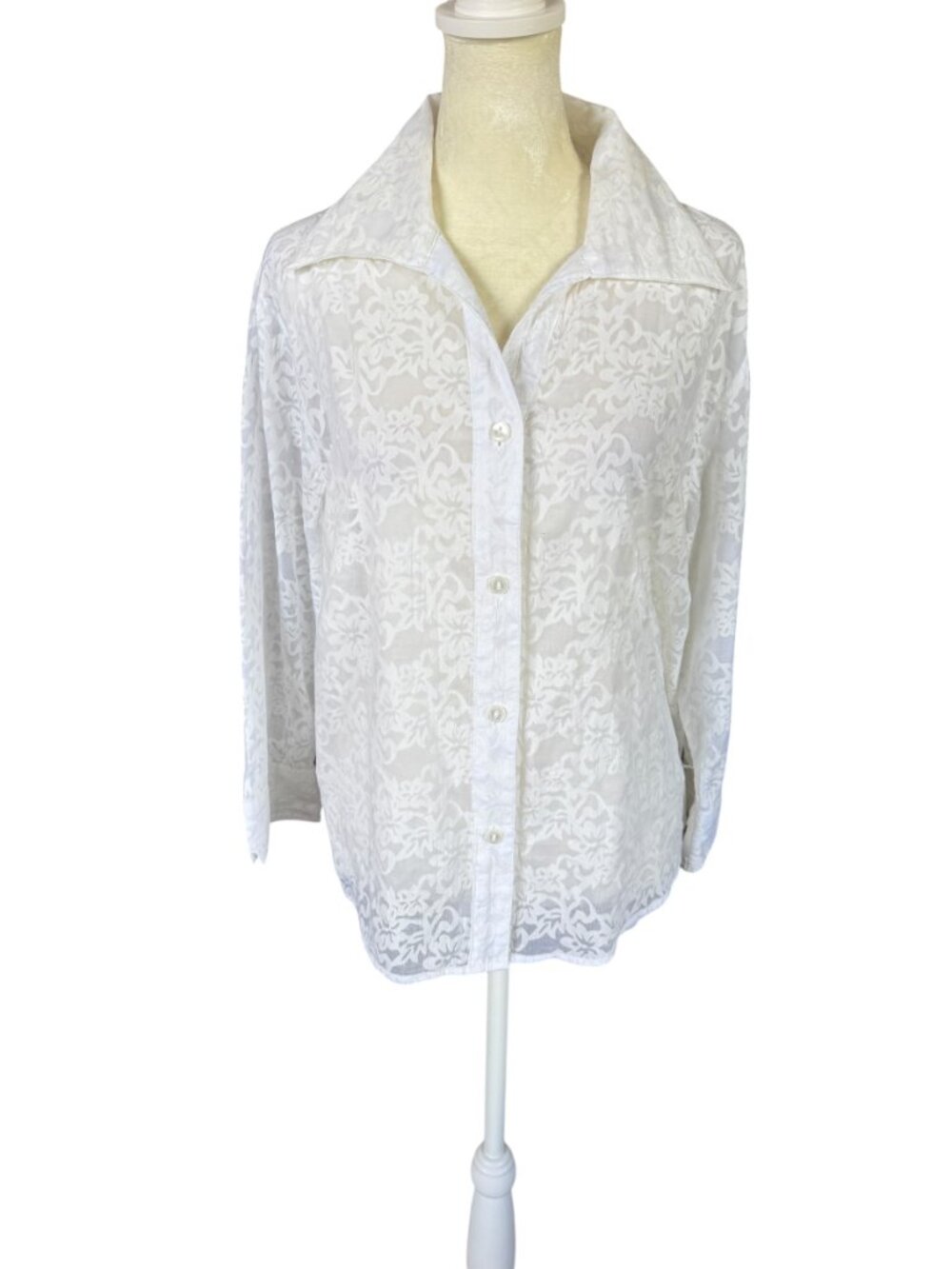 Apparenza women's white floral collared button down 3/4 sleeve blouse size PM